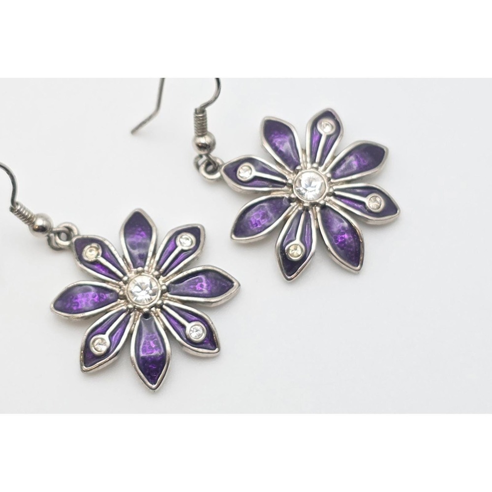 Signed C Earrings Purple Enamel Flower Clear Crystal Accents Dangle‎ Silver Tone